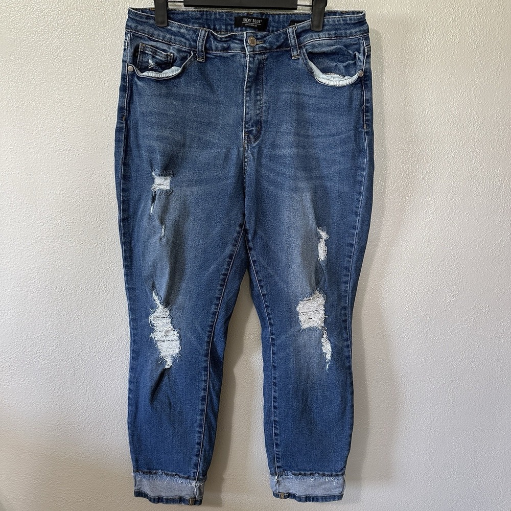 Judy Blue High‎ Waisted Slim Fit Medium Wash Distressed Jeans Womens Size 15/32